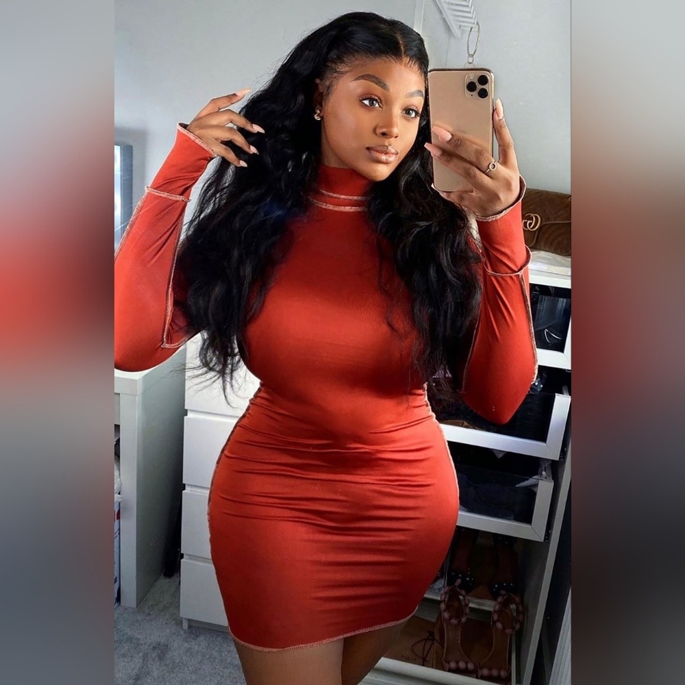 Stitched Up Bodycon Mini Dress - Rust XL